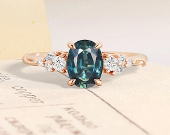 Unique Oval Natural Teal Sapphire Engagement Ring,Vintage Rose Gold Moissanite Bridal Ring,Blue Green Gem Wedding Jewelry Handmade Gift