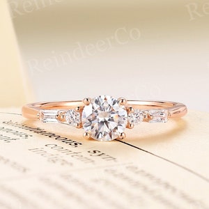 Rose gold moissanite engagement ring baguette cut diamond ring round moissanite unique rose gold ring prong anniversary promise ring