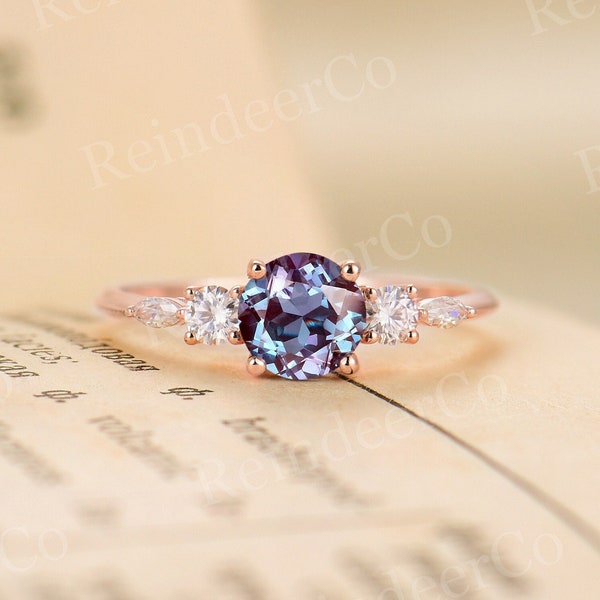 Alexandrite engagement ring Round cut rose gold promise ring Vintage Diamond Moissanite prong set bridal ring Art deco anniversary ring
