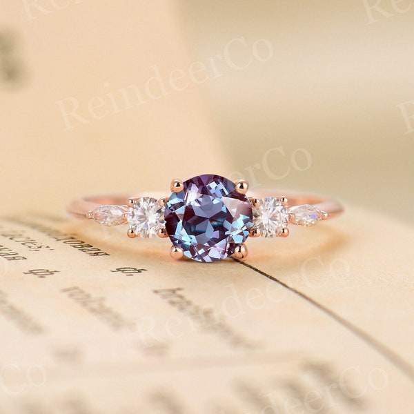 Bague de fiançailles alexandrite taille ronde en or rose bague de promesse vintage diamant moissanite serti de griffes bague de mariée Art déco bague d'anniversaire