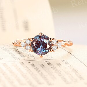 Round shape lab alexandrite engagement ring vintage rose gold cluster moissanite ring unique twist diamond ring anniversary promise ring