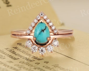 Turquoise engagement ring set | Pear shaped ring rose gold | Curved wedding band | Moissanite/Diamond prong set ring | Anniversary ring