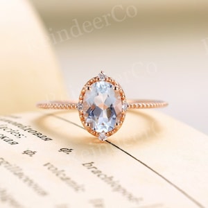Aquamarine Diamond engagement ring Rose gold | Oval cut engagement ring  | Vintage Milgrain prong set Jewelry | March birthstone ring
