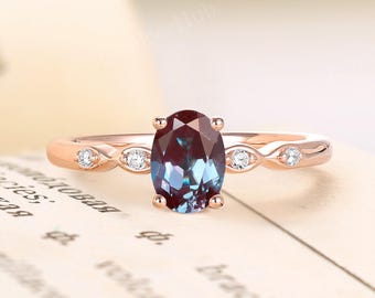 Unique Oval Alexandrite Engagement Ring - Dainty 14K Rose Gold Color Change Gemstone Bridal Ring