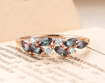 Vintage Cluster Alexandrite & Diamond Wedding Band,14K Rose Gold Band,Unique Stacking Matching Ring,Custom Handmade Anniversary Promise Ring
