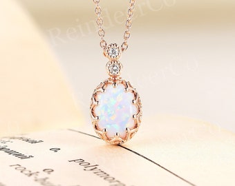 Oval cut lab opal necklace charm necklace prong set round shape diamond necklace delicate rose gold pendant anniversary pormise necklace