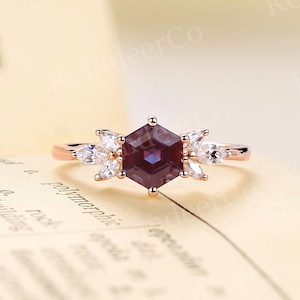 Hexagon cut lab alexandrite engagement ring rose gold cluster marquise cut moissanite diamond ring unique prong promise anniversary ring