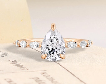 Hidden Halo Moissanite Engagement Ring,14K Solid Gold Wedding Ring,Unique Sparkling Proposal Ring,Pear Moissanite Bridal Ring,Promise Ring