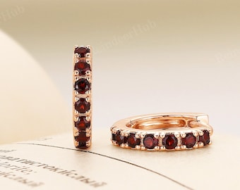 Unique Round Natural Garnet Hoop Earrings,Rose Gold Red Gemstone Huggie Earrings,Vintage Handmade Jewelry Everyday Earrings Gift For Her