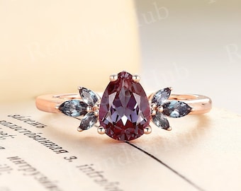 Vintage Pear Shape Lab Alexandrite Engagement Ring Rose Gold Ring Antique Cluster Bridal Ring Marquise Cut Wedding Ring Anniversary Ring