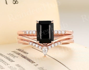 Vintage 3PCS Black Onyx Bridal set Rose gold Emerald cut Engagement ring set Art deco Diamond Stacking Curved wedding band Anniversary ring