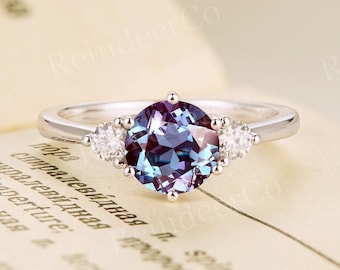 Alexandrite engagement ring  | Diamond Moissanite ring white gold | Three stone prong set ring | Unique anniversary ring | Promise ring