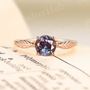Round cut lab alexandrite engagement ring rose gold ring plain leaf band solitaire ring antique vintage ring anniversary promise bridal ring