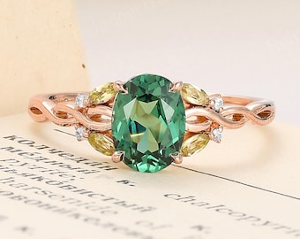 Unique Oval Green Sapphire Engagement Ring,Rose Gold Twisted Marquise Peridot Band,Bridal Ring,