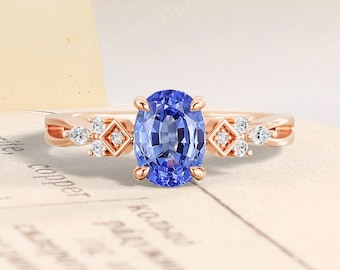 Unique Cornflower Sapphire Engagement Ring, Art Deco 14K Rose Gold Oval Bridal Ring,Vintage Dainty Sapphire Wedding Jewelry Anniversary Gift