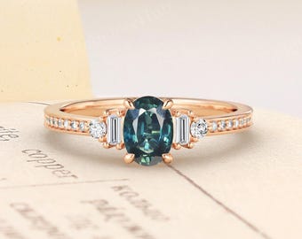 Art Deco Oval Natural Teal Sapphire Engagement Ring, Unique 14K Rose Gold Moissanite Cluster Bridal Promise Ring