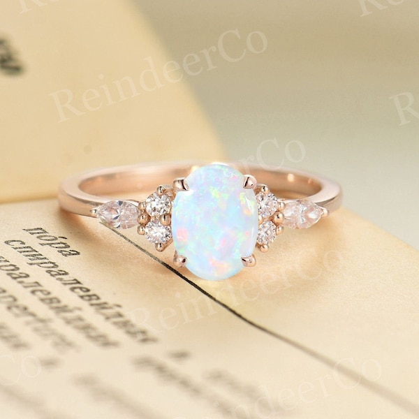 Oval natural opal engagement ring | Vintage Rose gold wedding ring | Unique Delicate Moissanite/diamond Ring | Anniversary wedding ring