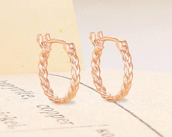 Minimalist Twisted Hoop Earrings - Classic 14K Rose Gold Small Huggie Earrings,Dainty Everyday Wear