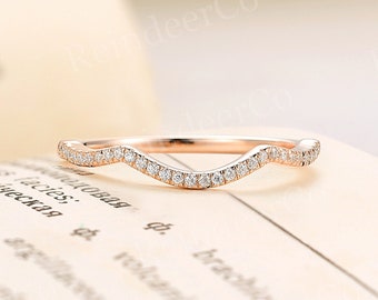 Curved stacking band Diamond/Moissanite wedding band rose gold band matching ring Half eternity anniversary ring Bridal ring