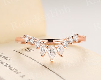 Unique Pear Shape Moissanite Wedding Band Rose Gold Ring Vintage Curved Band Stackable Matching Ring Round Cut Ring Anniversary Bridal Band