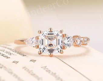 Asscher cut Moissanite engagement ring vintage diamond/moissanite ring art deco rose gold Pear&Round cut prong set ring anniversary ring