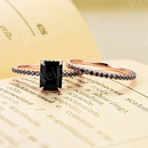 Octagon cut black onyx engagement ring|Vintage round cut black diamond bridal set|Art deco rose gold anniversary ring|Unique promise ring
