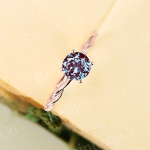 Round Lab Alexandrite engagement ring, Art deco twisted rose gold promise ring, Solitaire prong set anniversary ring, Antique bridal ring