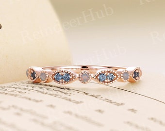 Lab Alexandrite Wedding Band Vintage Round White Opal Ring Rose Gold Milgrain Ring Half Eternity Band Delicate Stackable Ring Anniversary