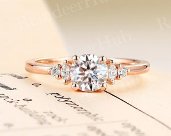 Vintage round shape moissanite engagement ring rose gold ring marquise shape diamond ring unique prong set ring five stones promise ring