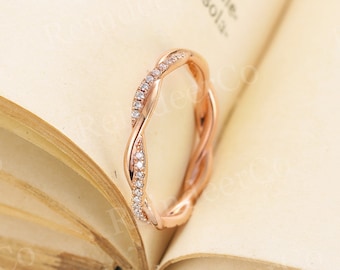 Solid rose gold wedding band  | Vintage Diamond Moissanite ring | Full Eternity Stacking Matching Ring | Twisted Infinity Anniversary Ring