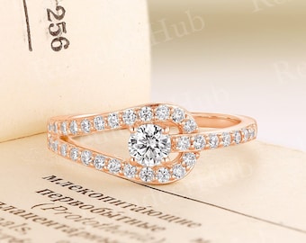 Unique Round Shape Moissanite Engagement Ring Vintage Pave Wedding Ring Rose Gold Ring Women Ring Promise Bridal Ring Aniversary Gift