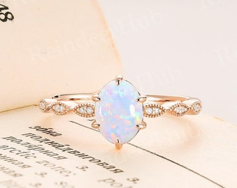 Oval Shape Lab Opal Engagement Ring Vintage Round Cut Moissanite Ring Rose Gold Ring Antique Milgrain Ring Promise Anniversary Ring