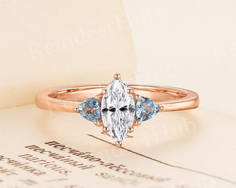 Marquise Cut Moissanite Engagement Ring Rose Gold Ring Vintage Three stone Ring Unique Trillion Cut London Blue Topaz Anniversary Ring