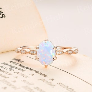 Oval Shape Lab Opal Engagement Ring Vintage Round Cut Moissanite Ring Rose Gold Ring Antique Milgrain Ring Promise Anniversary Ring