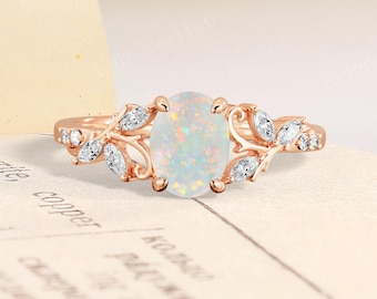 Vintage Oval White Opal Engagement Ring - 14K Rose Gold Vine Band with Moissanite Accents