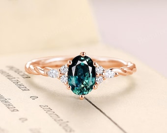 Unique Oval Nature Teal Sapphire Engagement Ring,14K Rose Gold Twisted Moissanite Band,Nature Inspired Bridal Ring,Anniversary Promise Ring