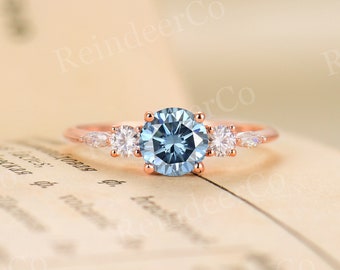 Grey blue Moissanite engagement ring rose gold | Marquise cut moissanite/diamond ring | Round cut prong set ring | Anniversary wedding ring