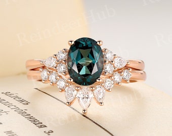 Lab Teal Sapphire Oval Engagement Ring Set Rose Gold Cluster Ring Vintage Round Moissanite Bridal Set Curved Band Anniversary Promise Ring