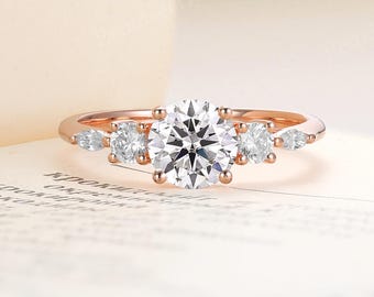 Unique Round Moissanite Engagement Ring,14K Rose Gold Bridal Ring,Delicate Anniversary Promise Ring Ring,Five Stone Wedding Ring For Women