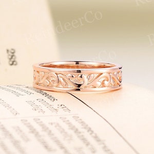 Antique wedding band rose gold plain ring stacking matching band vintage engrave ring unique art deco ring anniversary promise bridal band