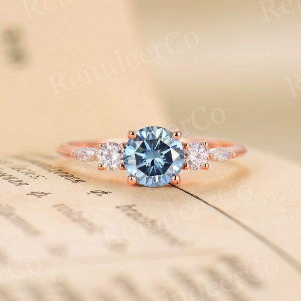 Grey blue Moissanite engagement ring rose gold | Marquise cut moissanite/diamond ring | Round cut prong set ring | Anniversary wedding ring
