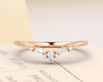 Unique Moissanite Curved Wedding Band: Dainty Rose Gold Chevron Marquise Leaf Stacking Promise Ring