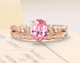 Romantic Oval Lab Grown Padparadscha Bridal Set - Unique Bow Design Moissanite Wedding Ring Set