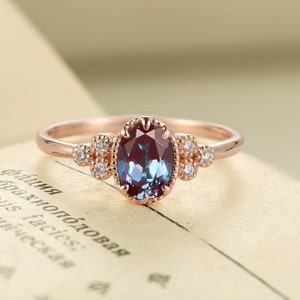 Vintage Alexandrite Engagement Ring,Art Deco Oval Ring,Solid 14K Rose Gold Wedding Ring,Diamond/Moissanite Ring,Bridal Ring,Anniversary Ring
