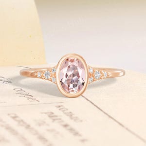 Delicate Oval Bezel Pink Morganite Engagement Ring,Unique 14K Rose Gold Bridal Ring,Romantic Moissanite Ring,Anniversary Gift For Her