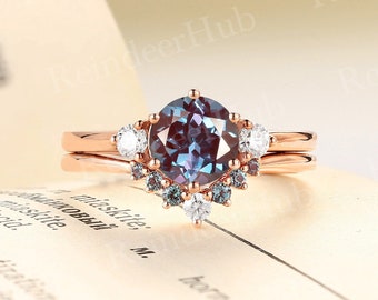 Vintage round cut lab alexandrite engagement ring set rose gold ring unique moissanite ring curved band anniversary promise bridal set