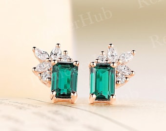 Emerald Cut Lab Emerald Earring Studs Vintage Cluster Earrings Rose Gold Handmade Studs Dainty Charm Marquise Moissanite Anniversary Earring