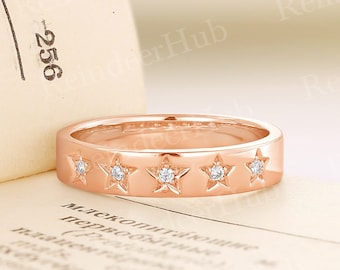 Simple Round Moissanite Celestial Wedding Band Rose Gold Ring Unique Star Wedding Ring Gift For Her Stackable Bridal Band Anniversary Ring