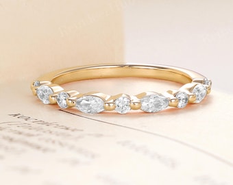Vintage Marquise Moissanite Wedding Band - Dainty White Gold Half Eternity Stackable Promise Ring Women