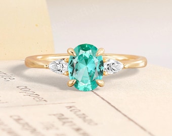 Classic Oval Green Sapphire Engagement Ring,14K Yelow Gold Pear Moissanite Three Stone Bridal Ring